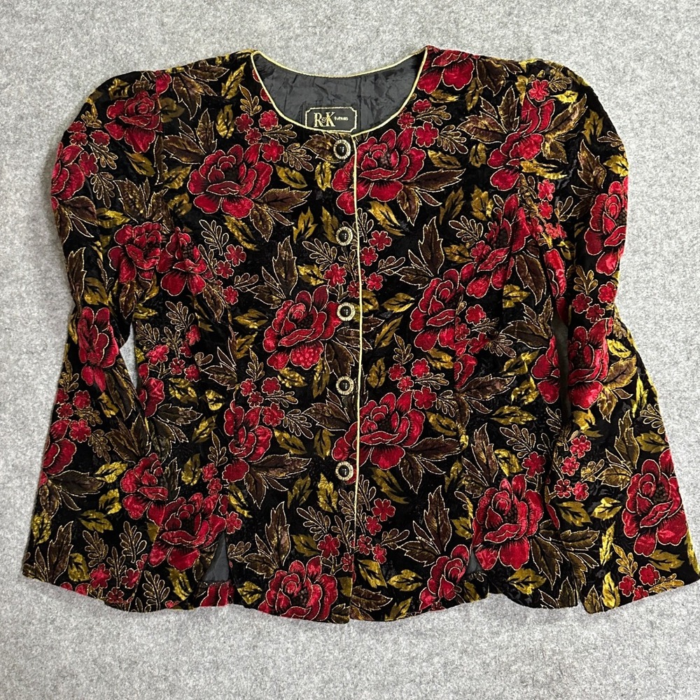 R&K Evening Floral Velvet Jacket 12 Black Red Gold Metallic Button Front‎